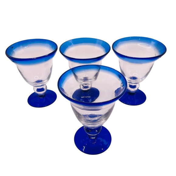 Vintage Mexican Hand Blown Cobalt Blue Rim/Bottom Wine Glasses Goblets Set of 4 - Picture 6 of 16